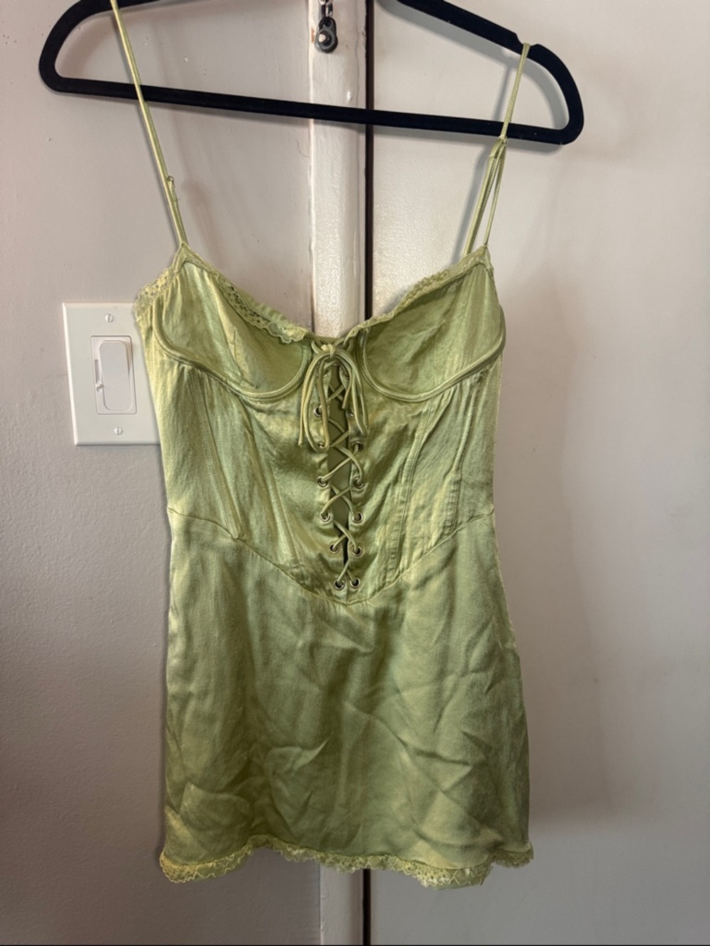 Meshki Lime Satin Lace-Up Slip Dress